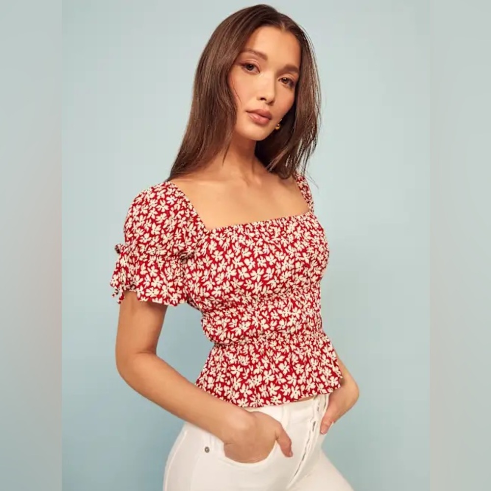 Reformation Red Floral Smocked Peplum Top